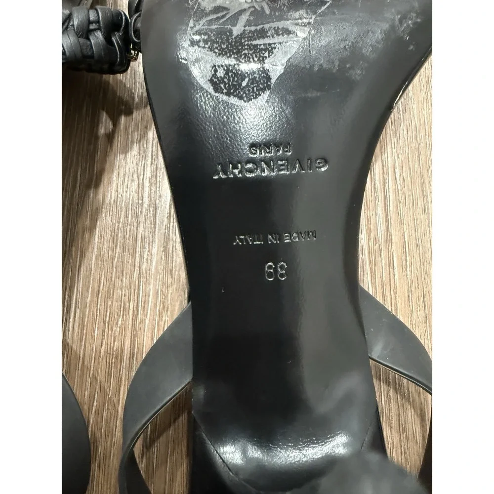 GIVENCHY	Black G Gold Logo Open Toe Woven Strap Leather Slingback Sandal Heel 39 - Picture 8 of 9